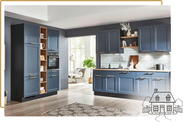 kitchen with blue cabinets