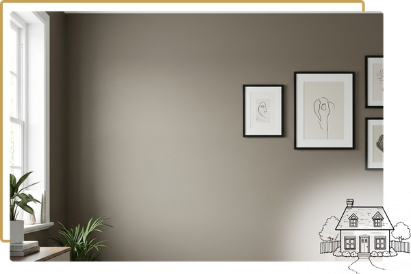 Close-up interior shot of a freshly painted living room wall in warm greige