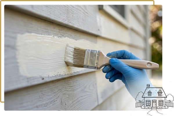 A focused shot of a painter's gloved hand using a professional angled brush to apply a fresh coat of weather-resistant paint to wooden home exterior siding