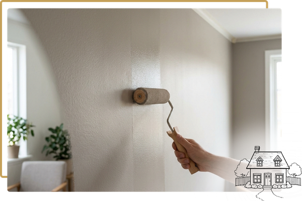 Close-up photo of an interior living room wall being smoothly painted with a roller in a warm greige tone