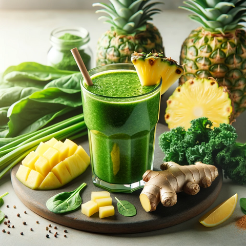 DALL·E 2024-01-30 07.30.19 - Create an image of a Green Detox Smoothie in a tall glass, surrounded by its ingredients_ spinach, kale, pineapple chunks, a piece of ginger, and a sl.png