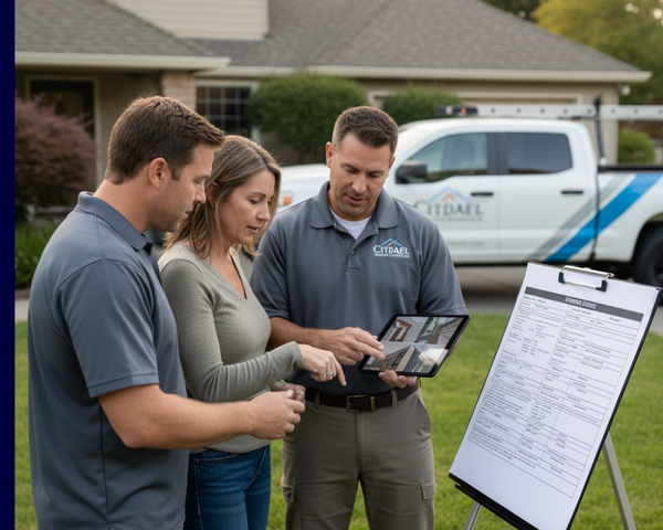 A professional roofing contractor showing images of a roof inspection to a concerned homeowner couple