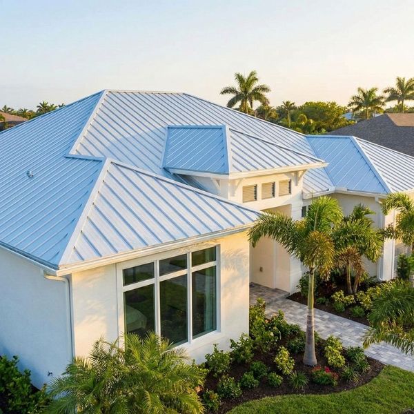 Elegant coastal home displaying the sleek architectural lines of a standing seam metal roof.