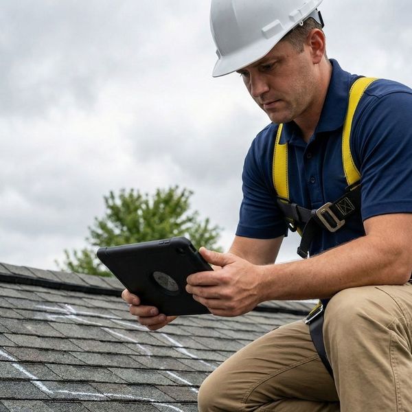 professional roofing contractor performing a storm damage inspection on a residential roof