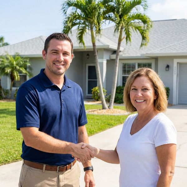 Roofing representative shaking hands with a satisfied homeowner