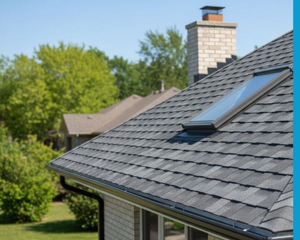Detailed close-up of a newly installed residential roof with dark gray asphalt shingles, showing a clean gutter system, a skylight, and a brick chimney under a clear blue sky.