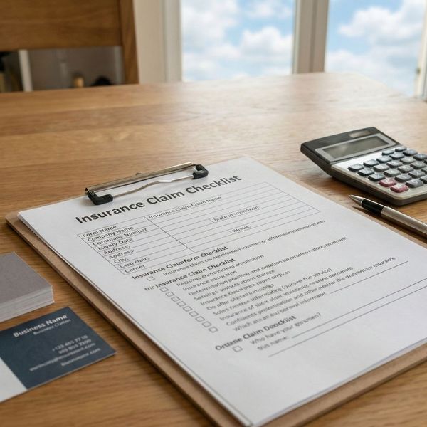 A clipboard with an insurance claim checklist resting on a table with a calculator.