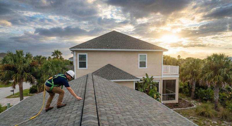 A professional roofer inspecting a Florida home's roof under a clearing sky after a storm.