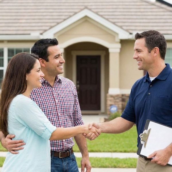 A smiling roofing professional with a clipboard shaking hands with a happy homeowner couple in front of their house.