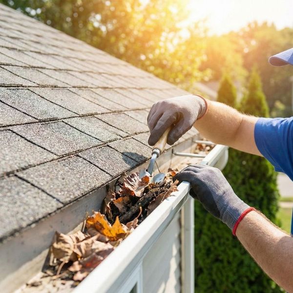 A professional worker with gloves and a tool cleaning leaves and debris from a residential rain gutter on a sunny day.
