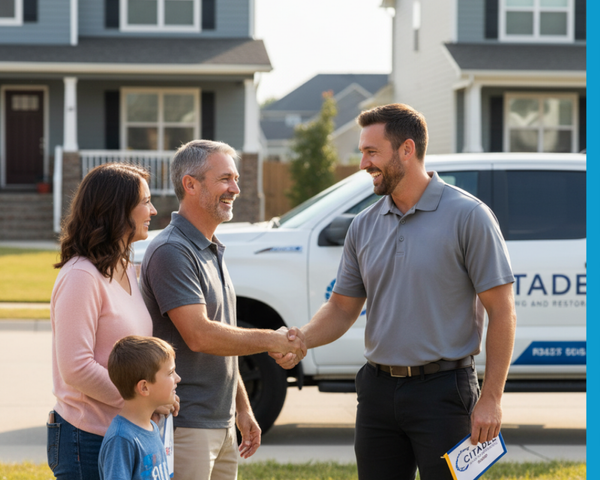 roofing contractor shaking hands with family