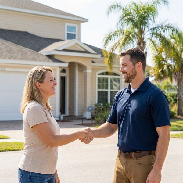 A friendly roofing contractor shaking hands with a homeowner in front of a Florida house.