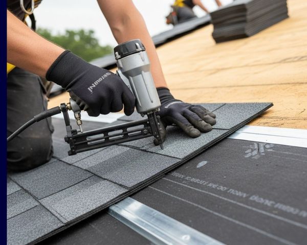 Close-up of a roofer's hands wearing gloves, using a pneumatic nail gun to precisely install dark grey asphalt shingles