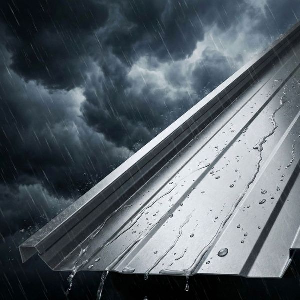 Close-up of durable metal roofing panels resisting high winds during a Florida storm.