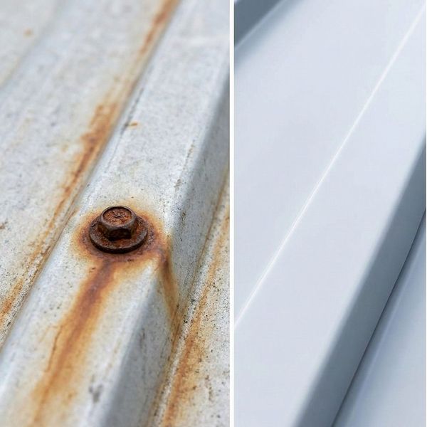 Comparison of a rusted exposed roof screw versus a leak-resistant hidden fastener metal panel.