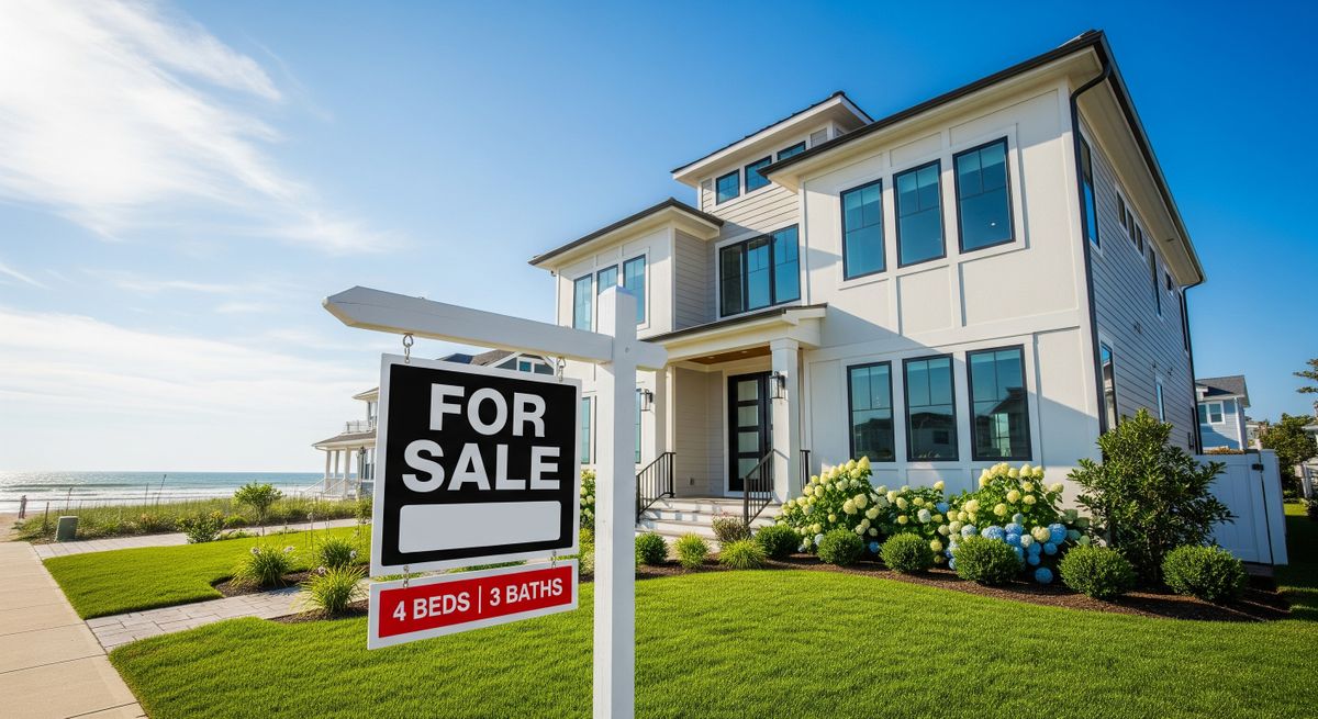 A modern Ocean City home with a "For Sale" sign on a sunny day.