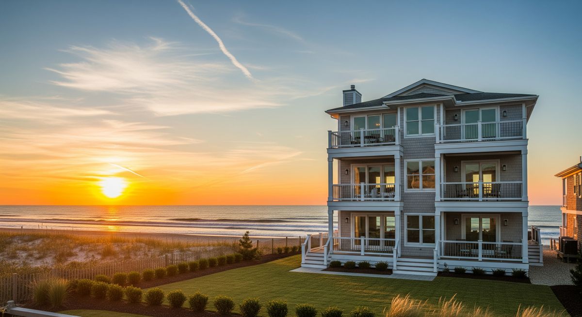 A beautiful oceanfront home in Ocean City, Maryland, under a clear sunset sky, symbolizing a prime real estate opportunity.