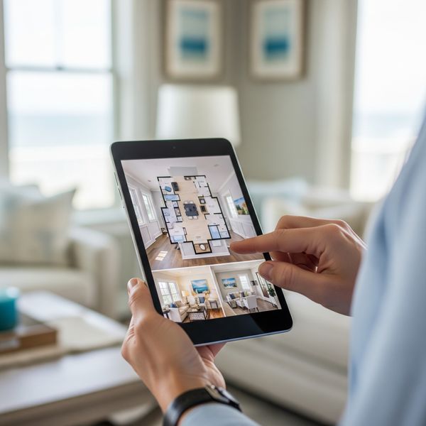 A tablet displaying a digital floor plan inside a bright Ocean City home.