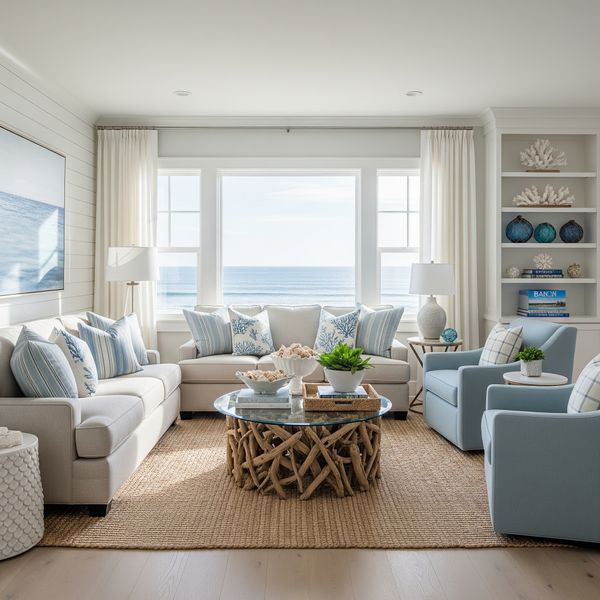 A professionally staged, pristine living room with an ocean view in an Ocean City beach house.