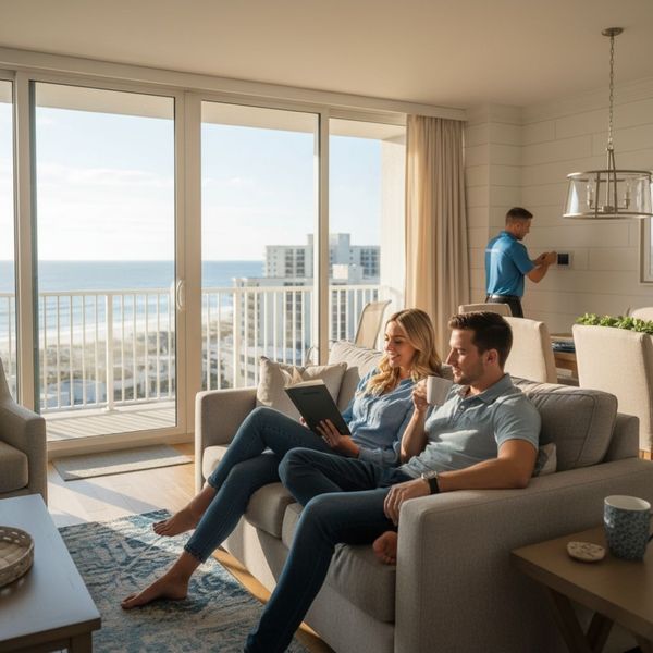 person working on repairs while couple relaxes