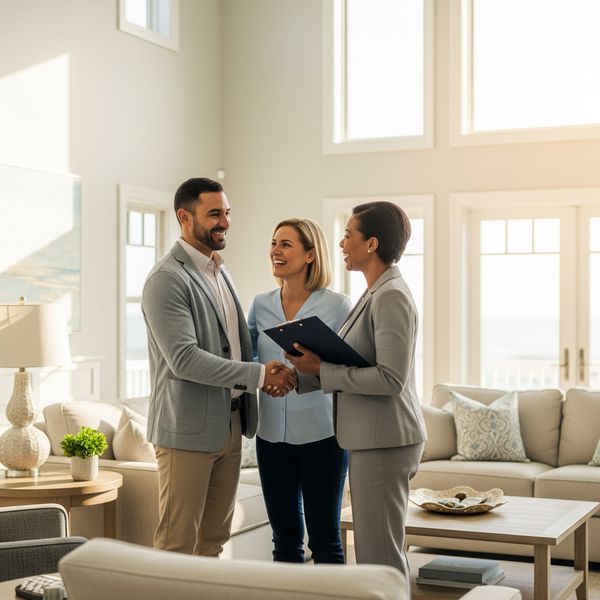 A real estate agent and a happy couple shaking hands inside a bright Ocean City home.