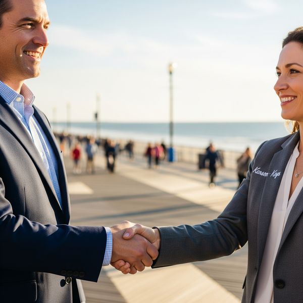 A close-up of a confident handshake, symbolizing a trusted partnership between Karsons Keys and a client, with an Ocean City backdrop.