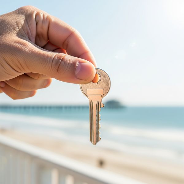 A hand holding a house key, with a subtle Ocean City beach background.