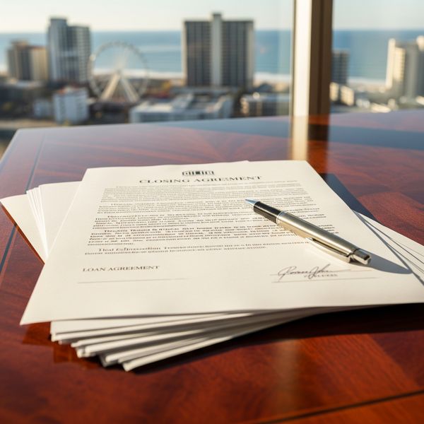 Legal documents and a pen on a desk with an Ocean City skyline view.