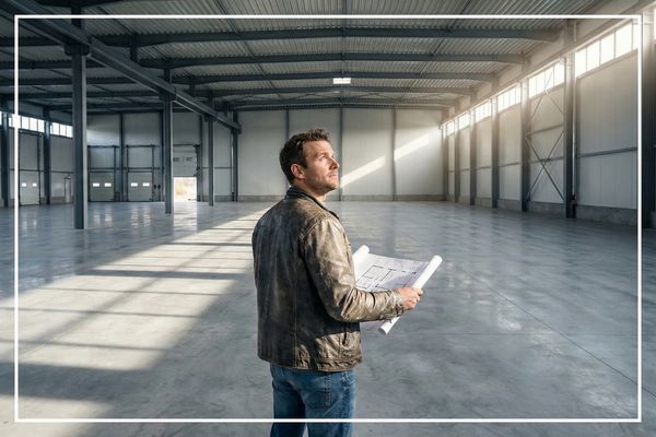 Man in a large room looking at plans