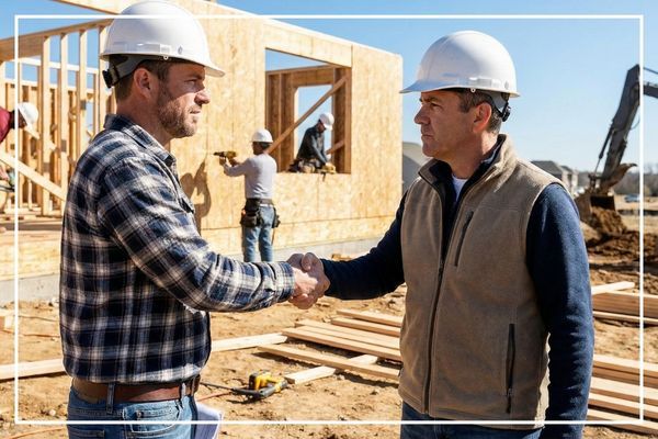 two construction workers shaking hands