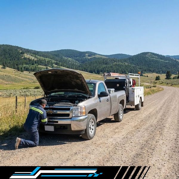 A mobile mechanic performing a roadside repair on a pickup truck on a dirt road in a remote, rural Arkansas setting