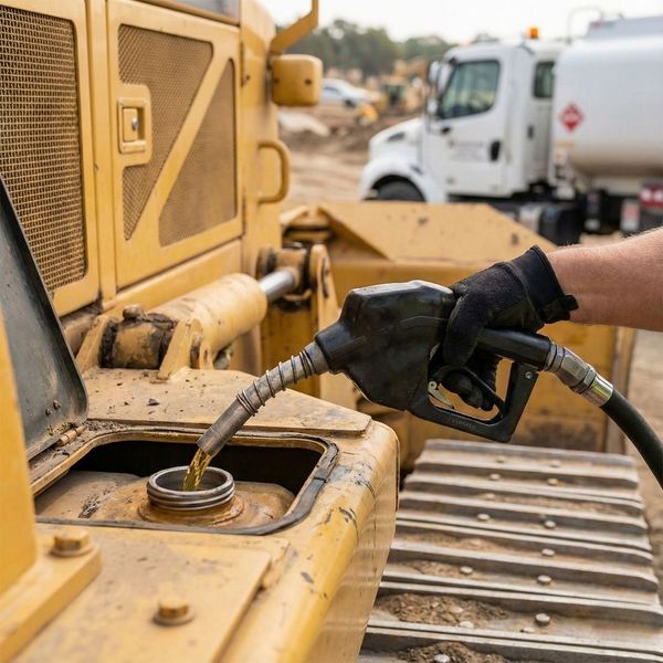 Close-up of a fuel nozzle filling a bulldozer tank Close-up of a fuel nozzle filling a bulldozer tank