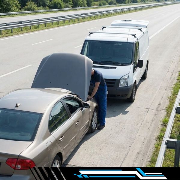 A mobile mechanic in a van providing roadside assistance to a broken-down car on the highway shoulder, eliminating the need for a tow