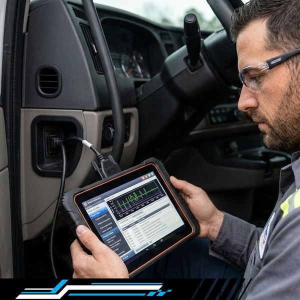 a focused mechanic using a ruggedized diagnostic tablet connected to a heavy-duty truck’s data port for advanced computerized diagnostics