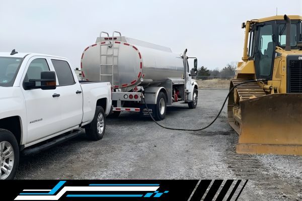 A mobile fuel truck parked between a pickup truck and a bulldozer