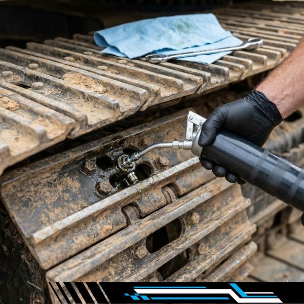 A close-up view of a mechanic’s gloved hand applying a grease gun to a critical lubrication point on heavy machinery track links during an on-site fleet maintenance service.