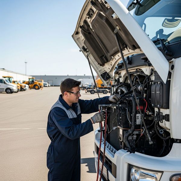 A mechanic performing commercial mobile repairs on a large truck