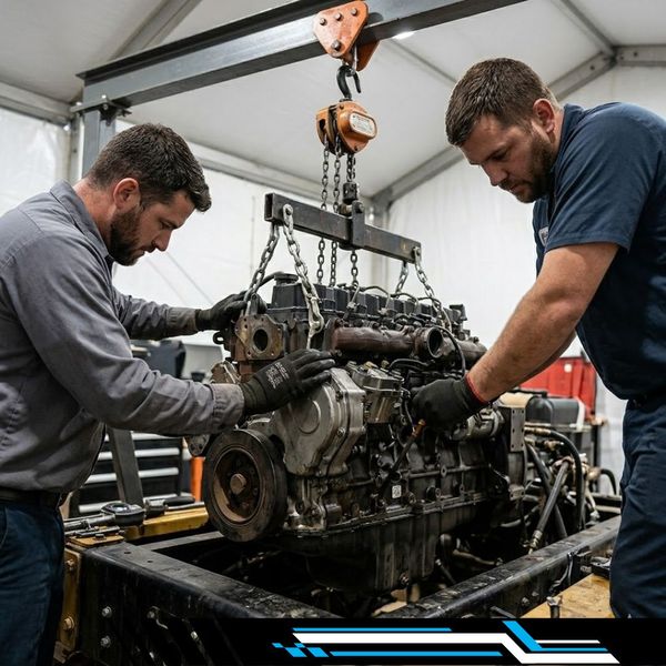 Two technicians guide a rebuilt diesel engine into the engine bay of a heavy equipment chassis