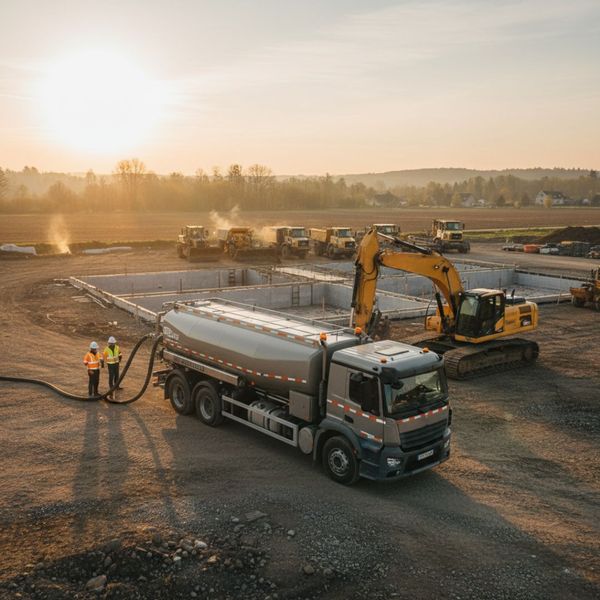 Mobile fuel delivery truck refueling an excavator on a sunny, dusty commercial construction site, with a line of heavy machinery waiting in the background.