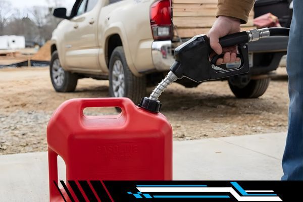 A person filling a portable red gas can with standard unleaded gasoline at a job site