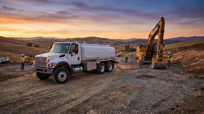 mobile fuel delivery truck refueling an excavator on a construction site