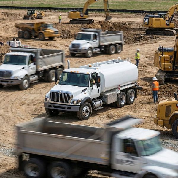 busy construction site with a white mobile fuel truck at the center of the activity busy construction site with a white mobile fuel truck at the center of the activity