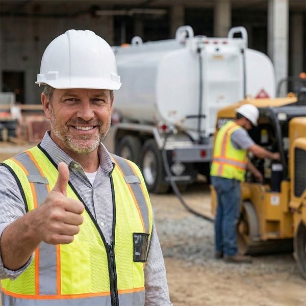 Construction foreman giving a thumbs-up with a white fuel delivery truck in the background Construction foreman giving a thumbs-up with a white fuel delivery truck in the background