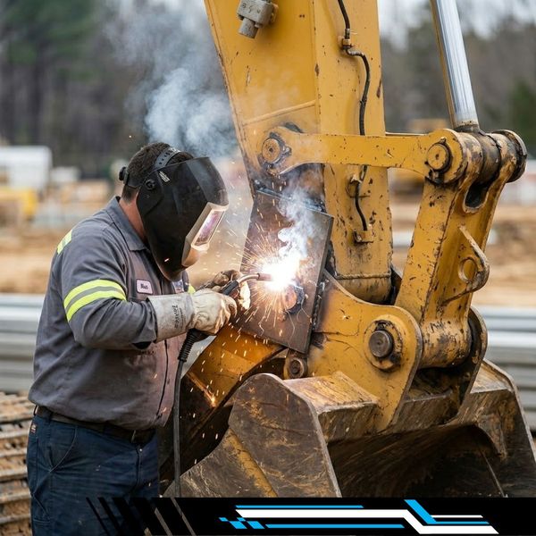 A welder in full protective gear actively welds a reinforcement plate onto the excavator arm
