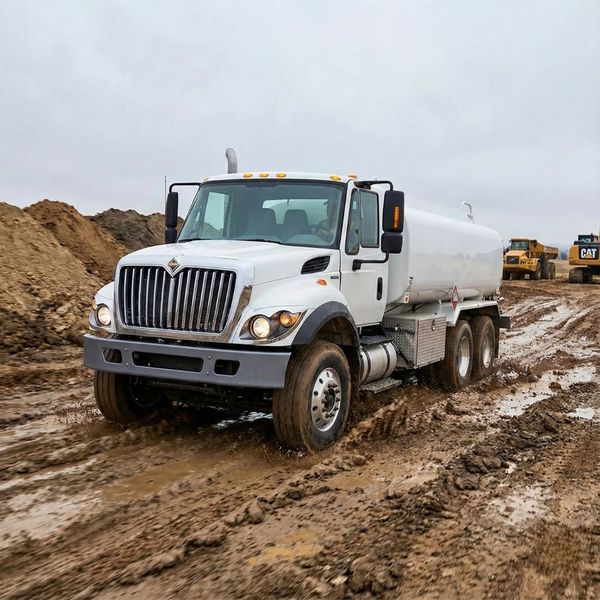 mobile fuel delivery truck navigating a muddy construction site track mobile fuel delivery truck navigating a muddy construction site track