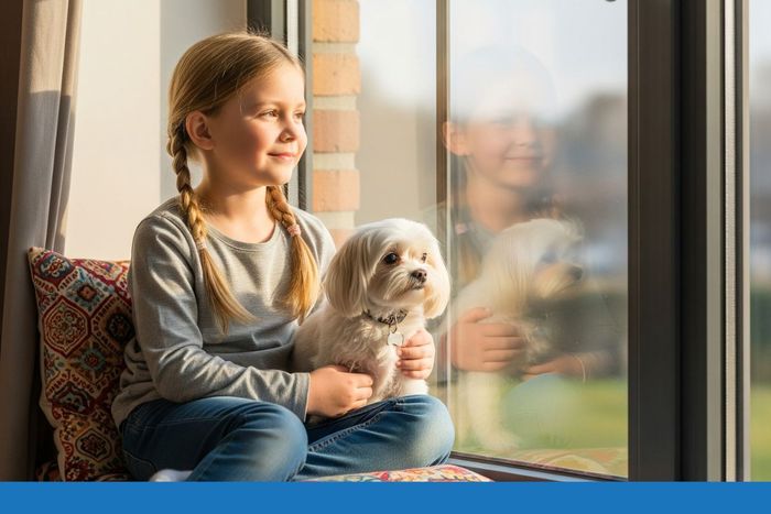 Child and dog looking out a bright, new window Child and dog looking out a bright, new window