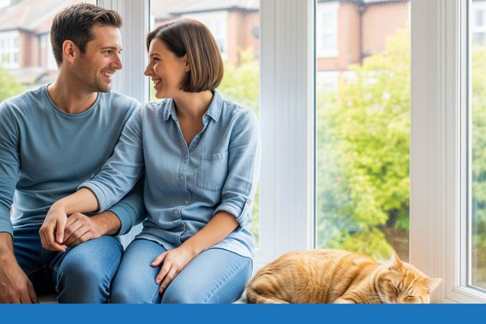 Couple relaxing with cat by new bay window Couple relaxing with cat by new bay window