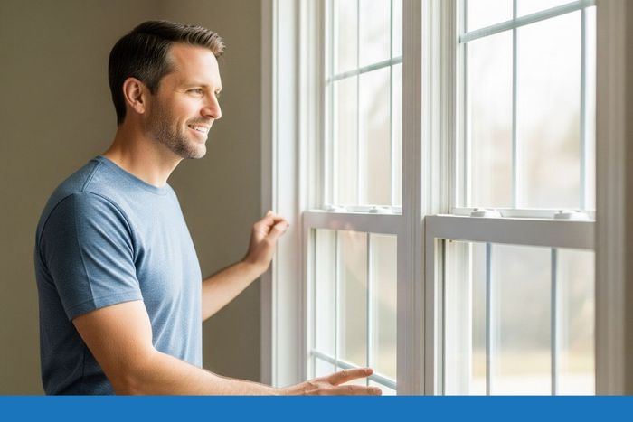 Man inspecting new double-hung windows Man inspecting new double-hung windows