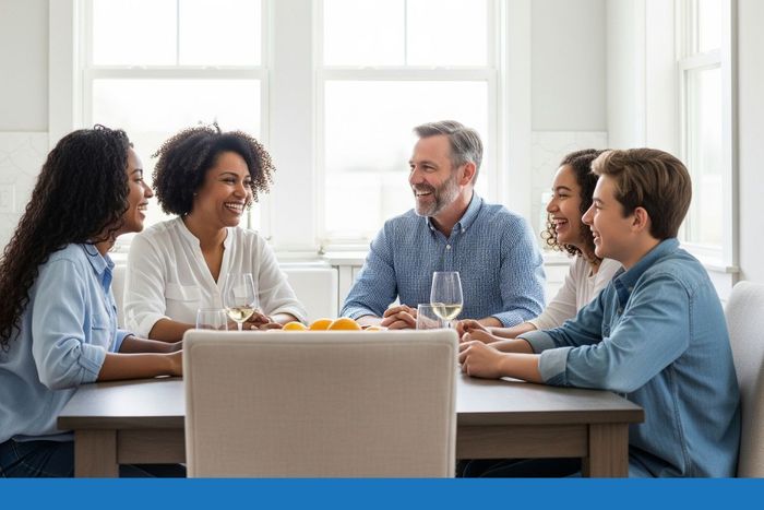 Family laughing around dining table with new windows Family laughing around dining table with new windows