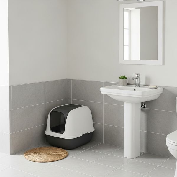 A covered litter box tucked in a bathroom